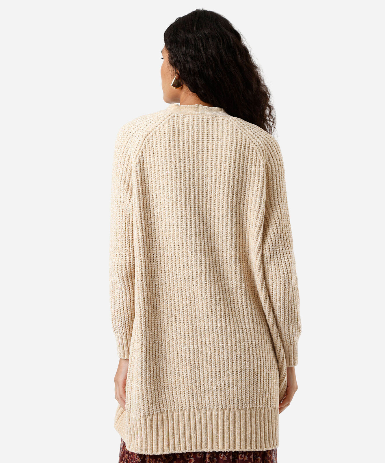cardigan alongado feminino de tricot chenille com bolsos bege