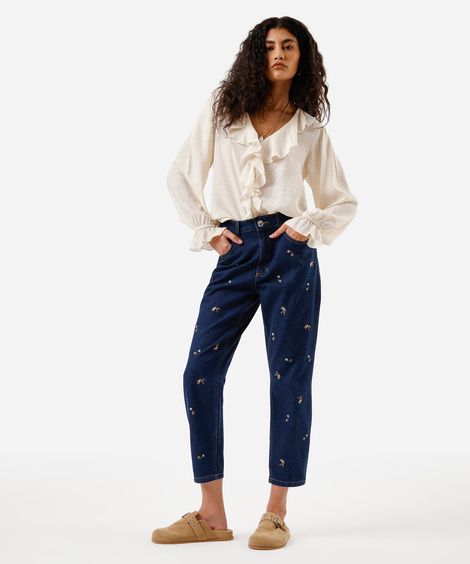 calça mom feminina jeans com bordado floral azul
