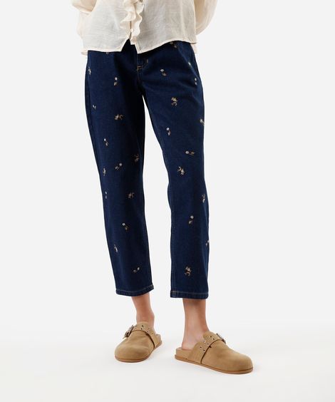 calça mom feminina jeans com bordado floral azul