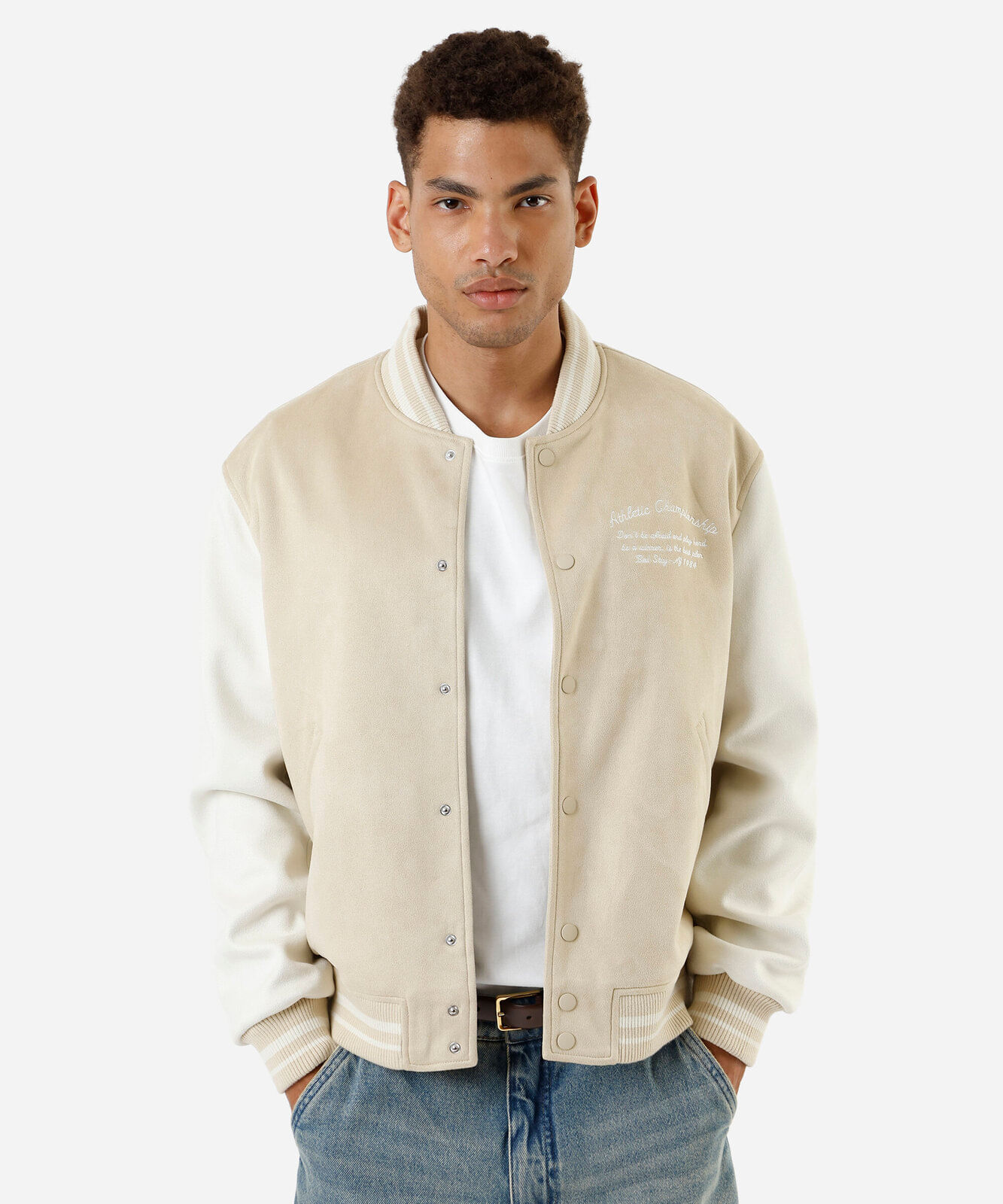jaqueta bomber masculina de suede los angeles bege
