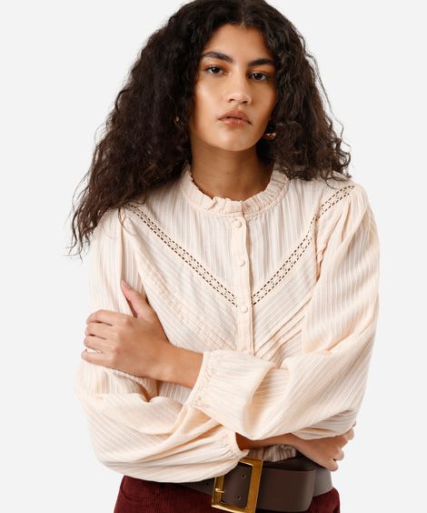 camisa feminina de algodão com pregas listrada bege