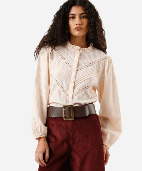 camisa feminina de algodão com pregas listrada bege