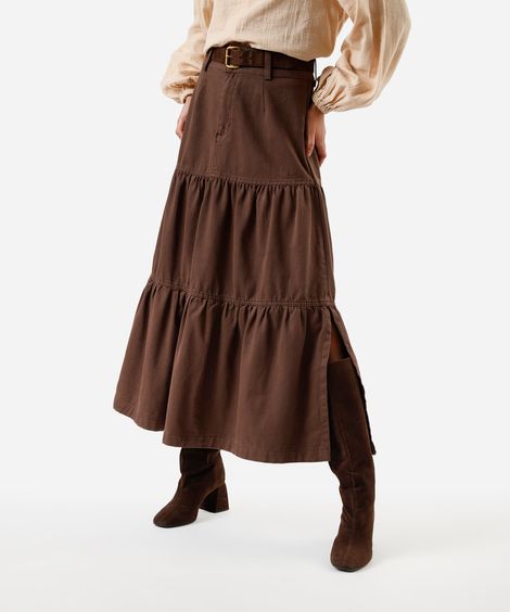 saia midi feminina de sarja com recortes e fenda marrom