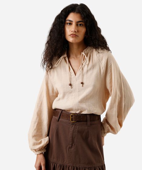 bata feminina de algodão manga bufante texturizada bege