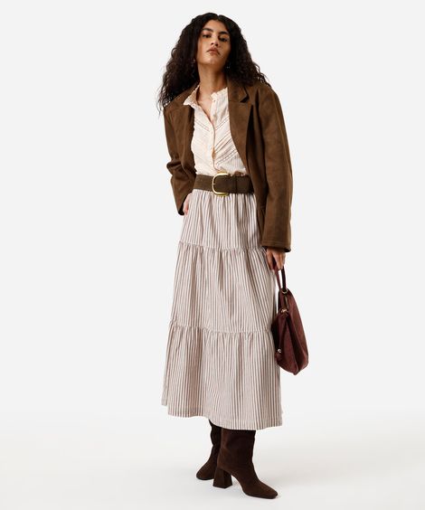 saia midi feminina de algodão com recortes listrada marrom