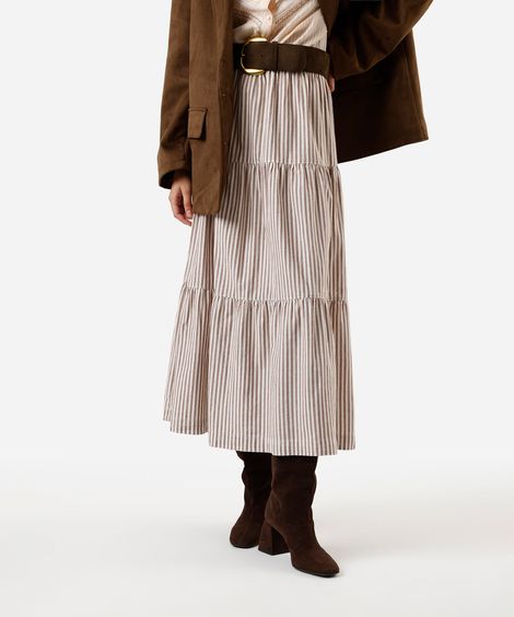 saia midi feminina de algodão com recortes listrada marrom