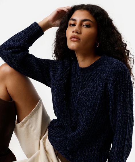 suéter feminino de tricot chenille texturizado azul