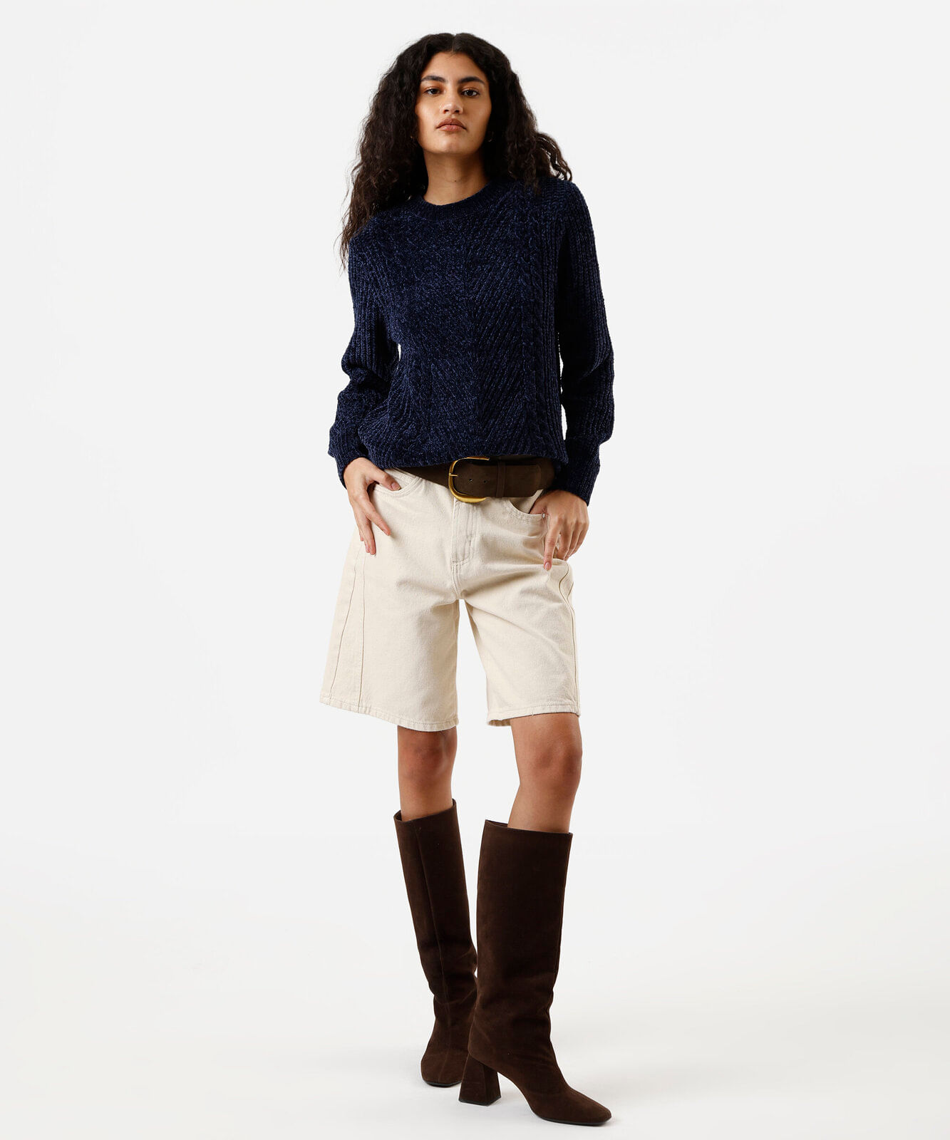suéter feminino de tricot chenille texturizado azul
