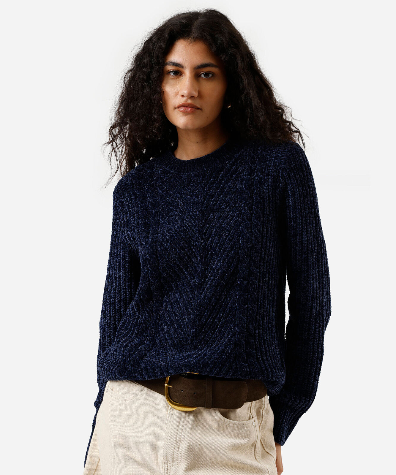 suéter feminino de tricot chenille texturizado azul