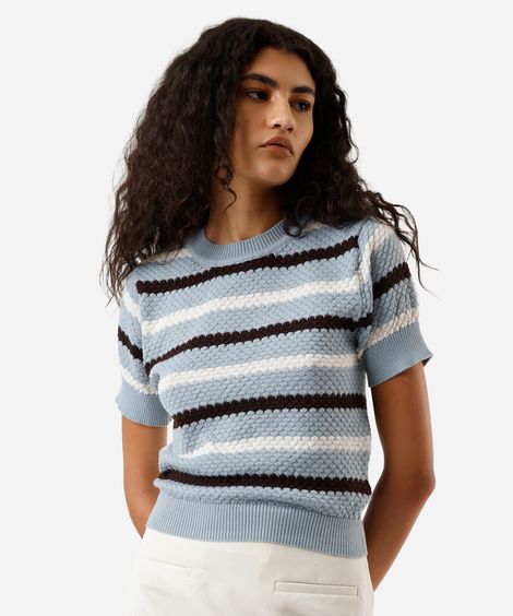 blusa feminina de tricot texturizada listrada azul