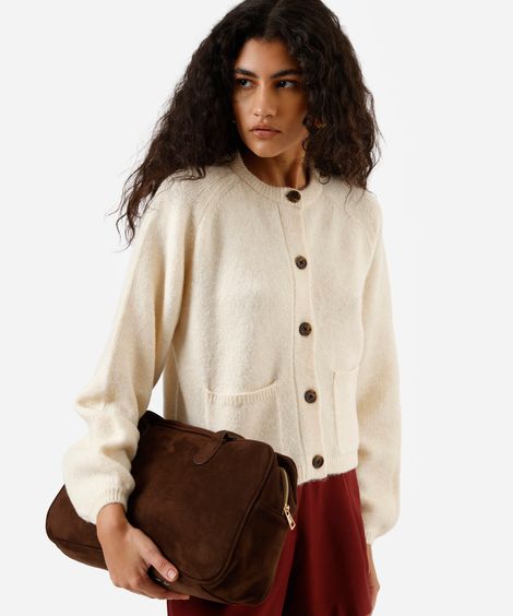 cardigan feminino de tricot com bolsos bege