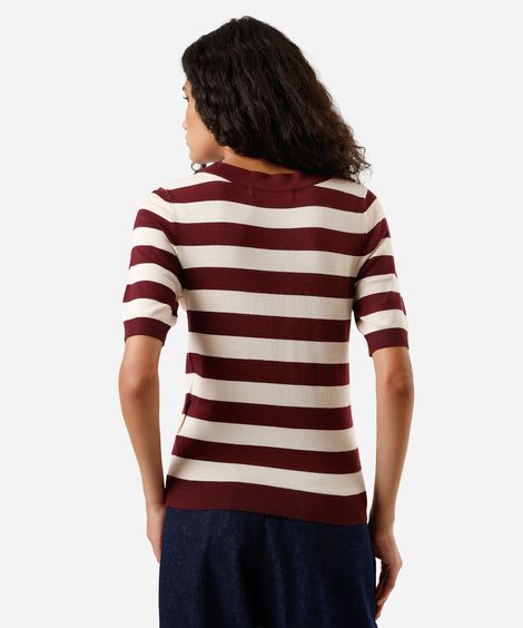 blusa feminina de tricot manga curta listrada vinho