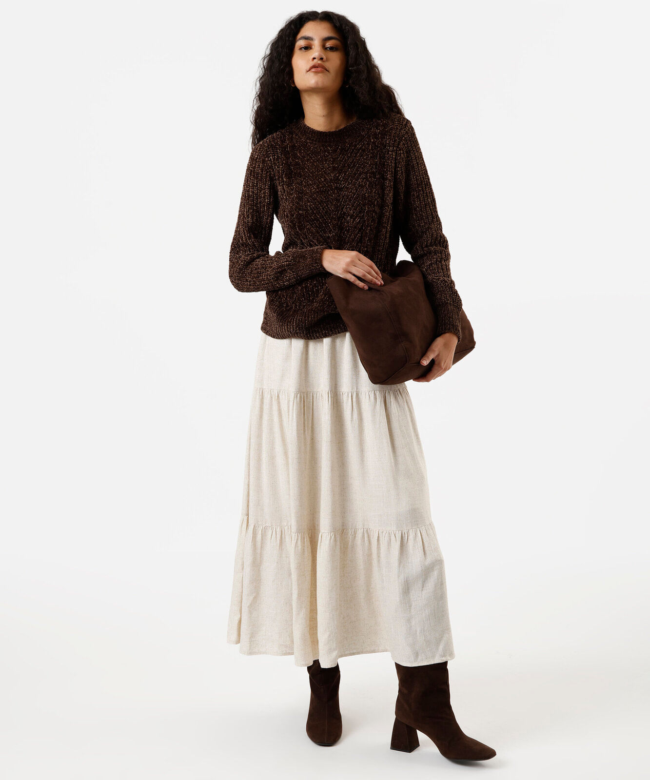 suéter feminino de tricot chenille texturizado marrom