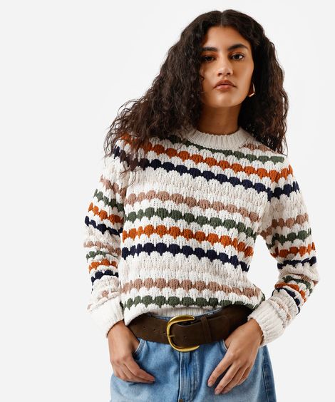 suéter feminino de tricot chenille listrado off white