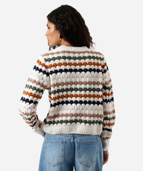 suéter feminino de tricot chenille listrado off white