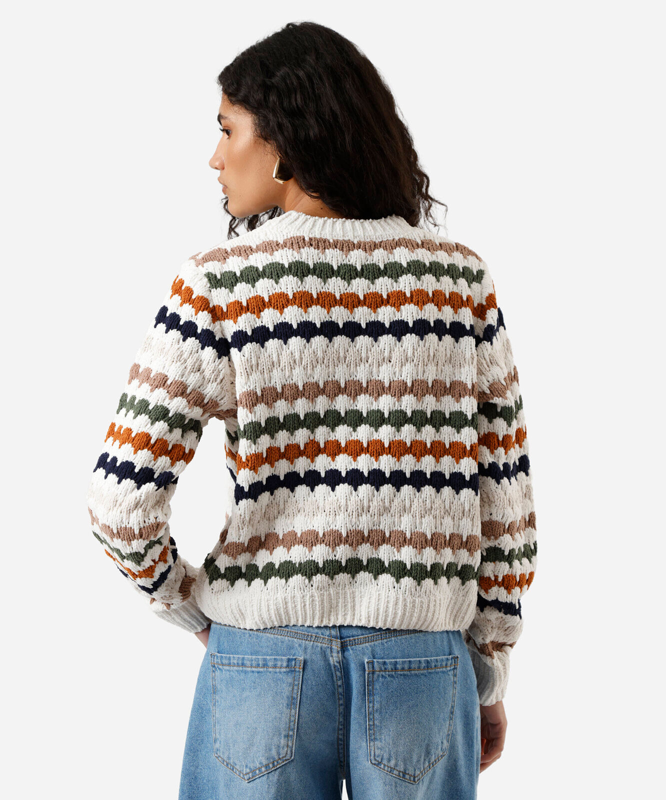 suéter feminino de tricot chenille listrado off white