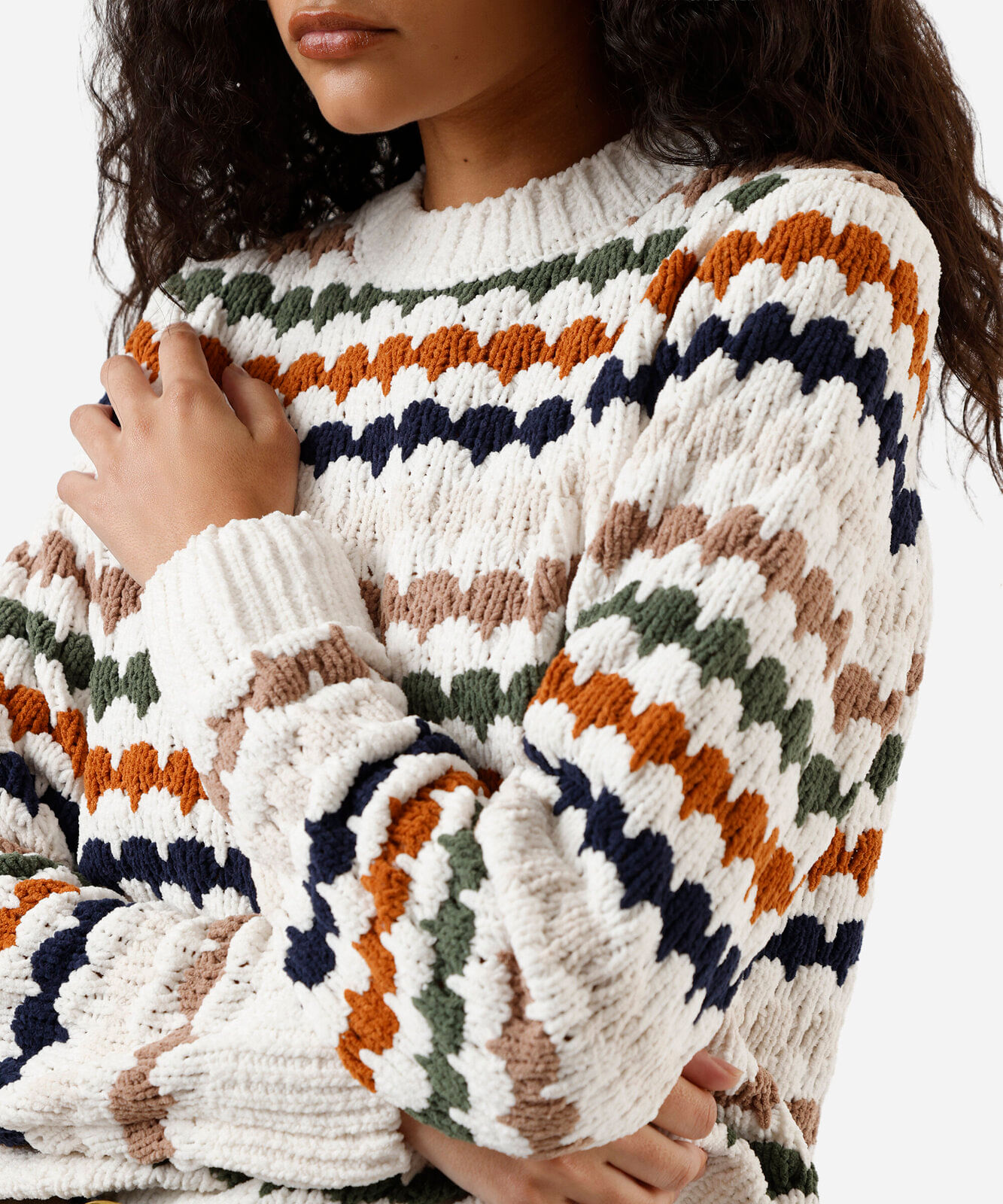 suéter feminino de tricot chenille listrado off white