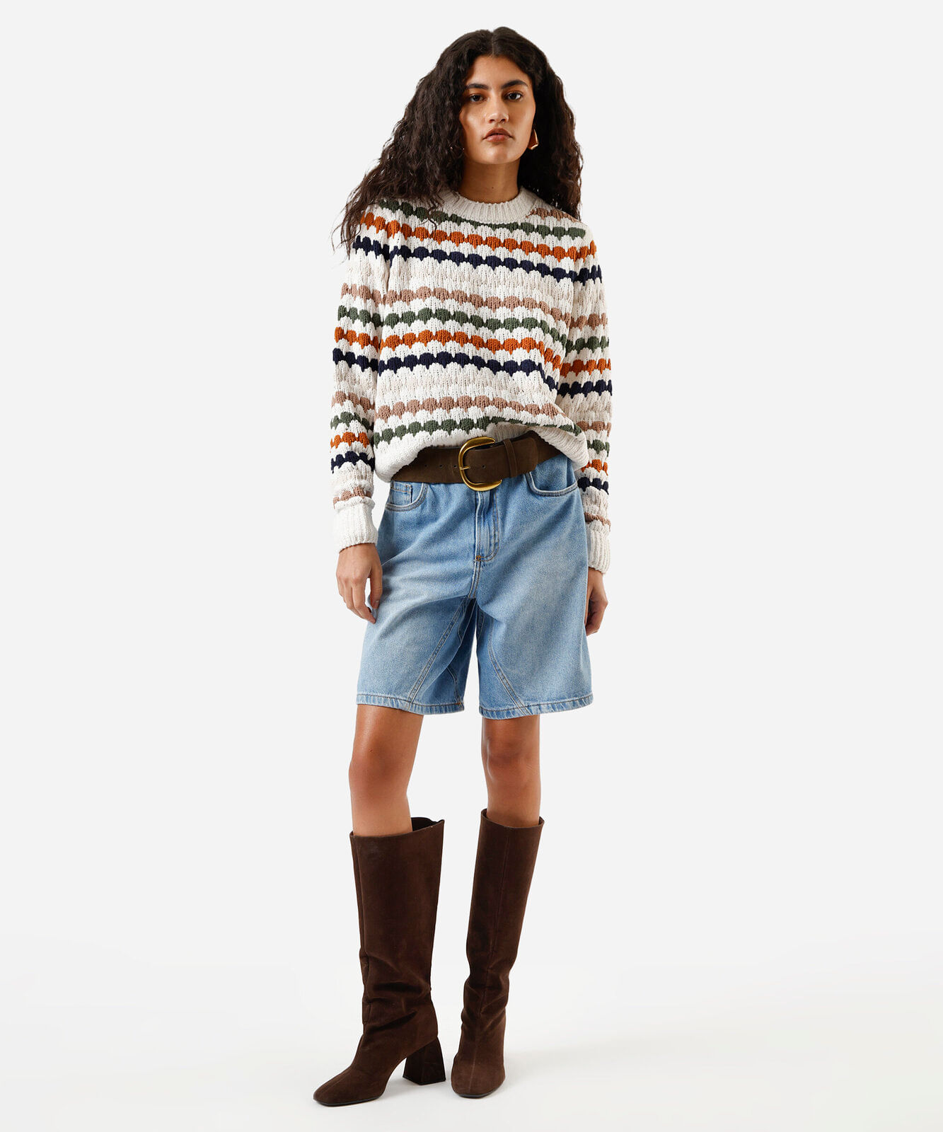 suéter feminino de tricot chenille listrado off white