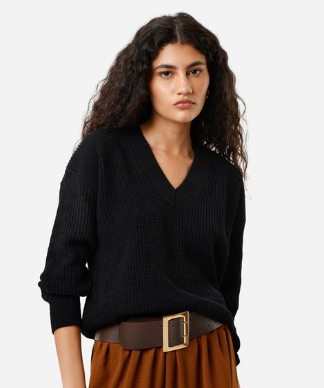 suéter feminino de tricot decote V preto