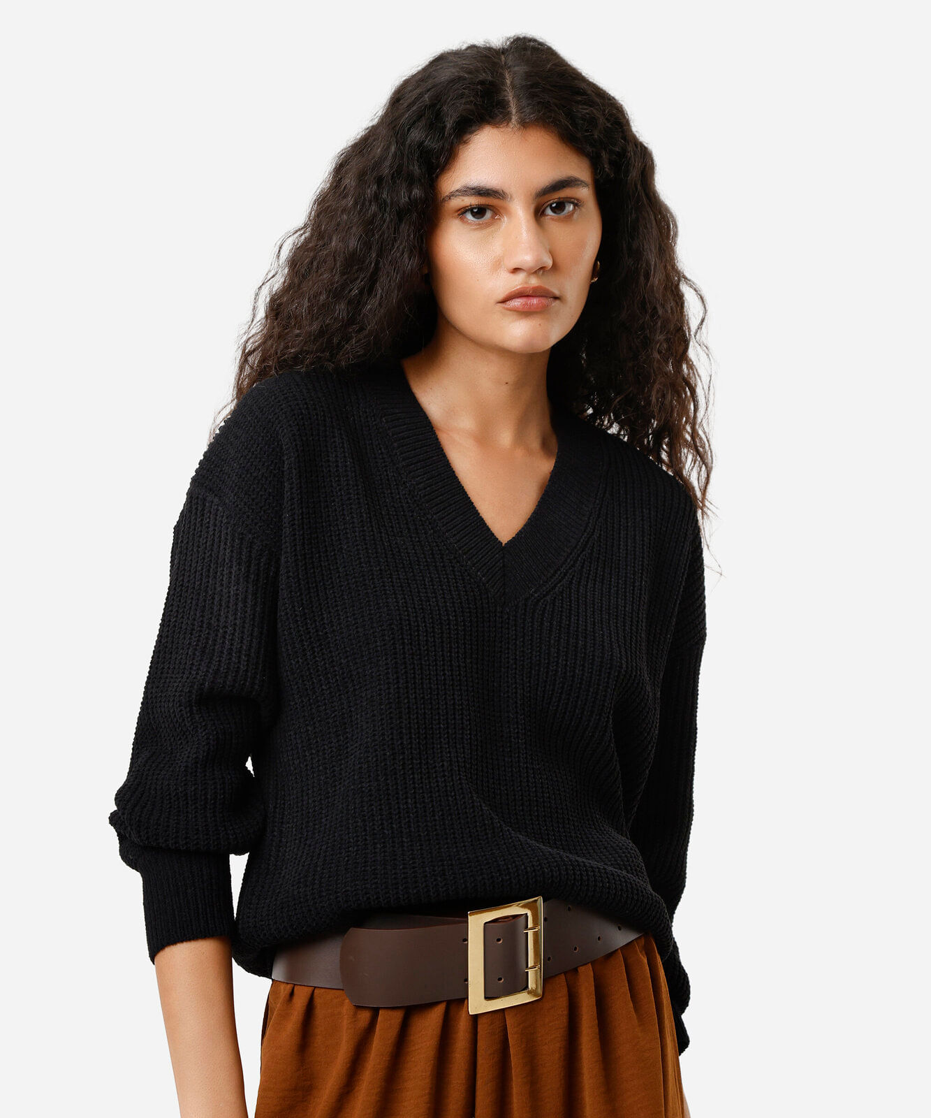 suéter feminino de tricot decote V preto