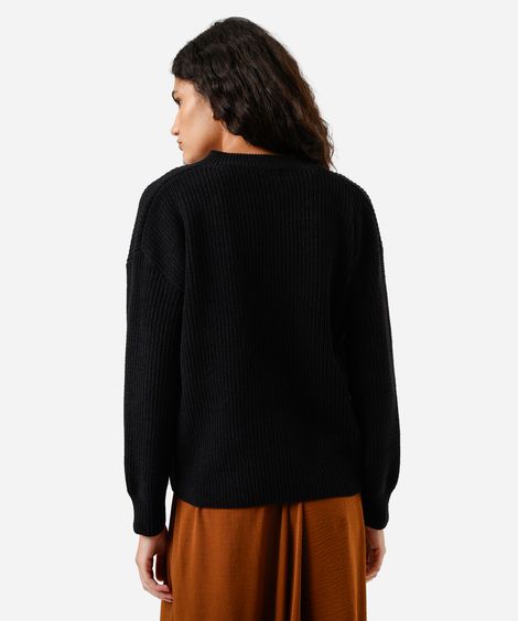 suéter feminino de tricot decote V preto