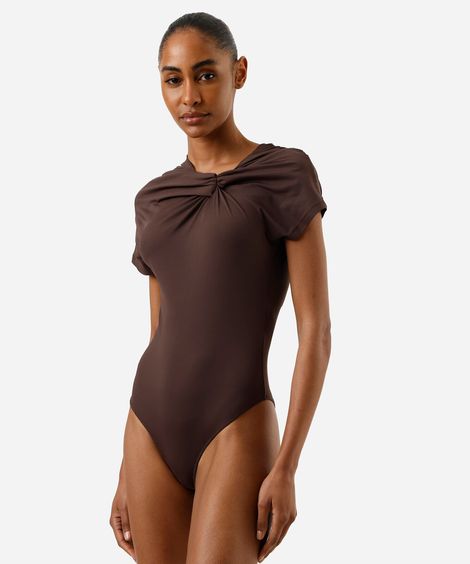 body feminino de poliamida franzido marrom