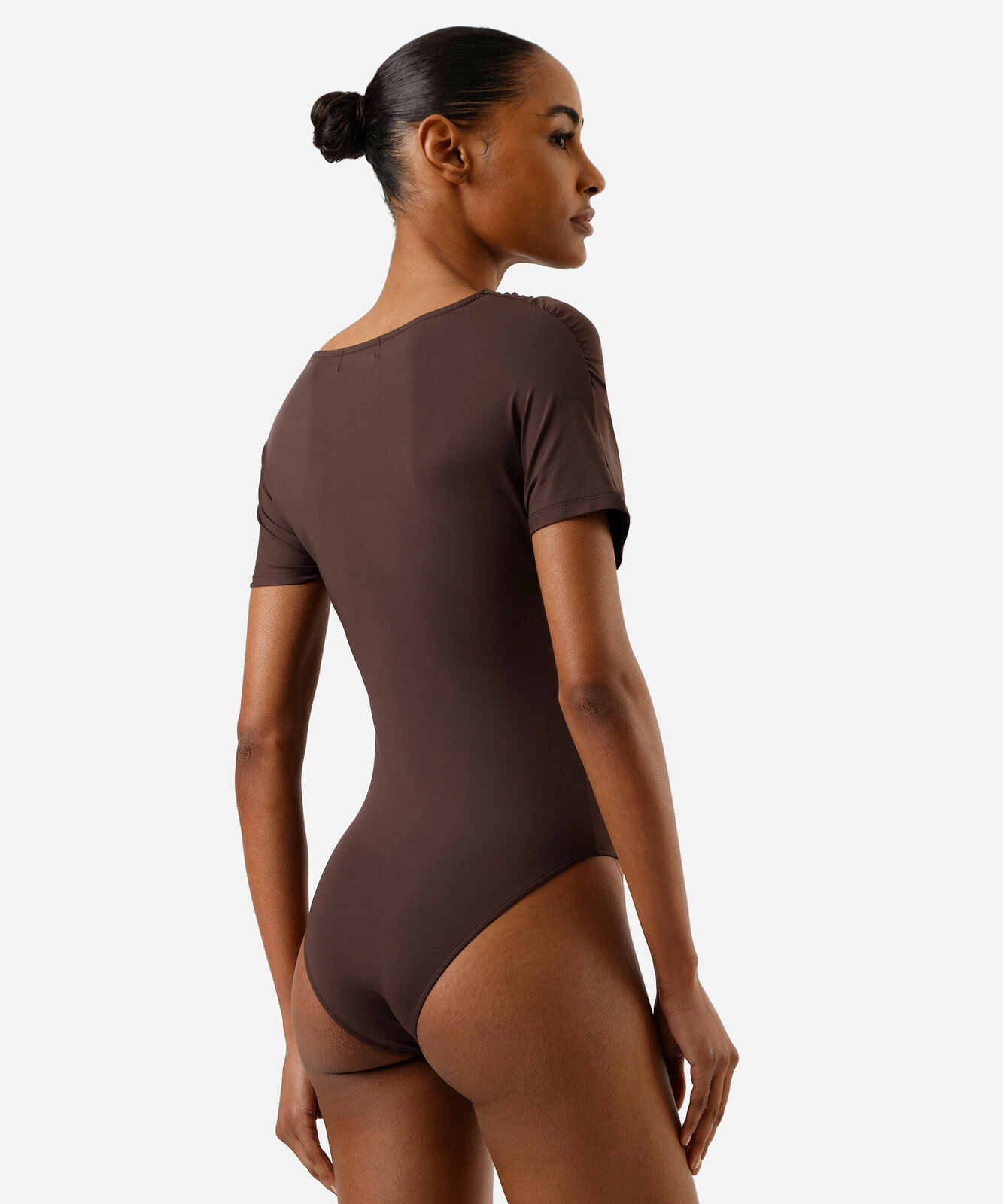body feminino de poliamida franzido marrom