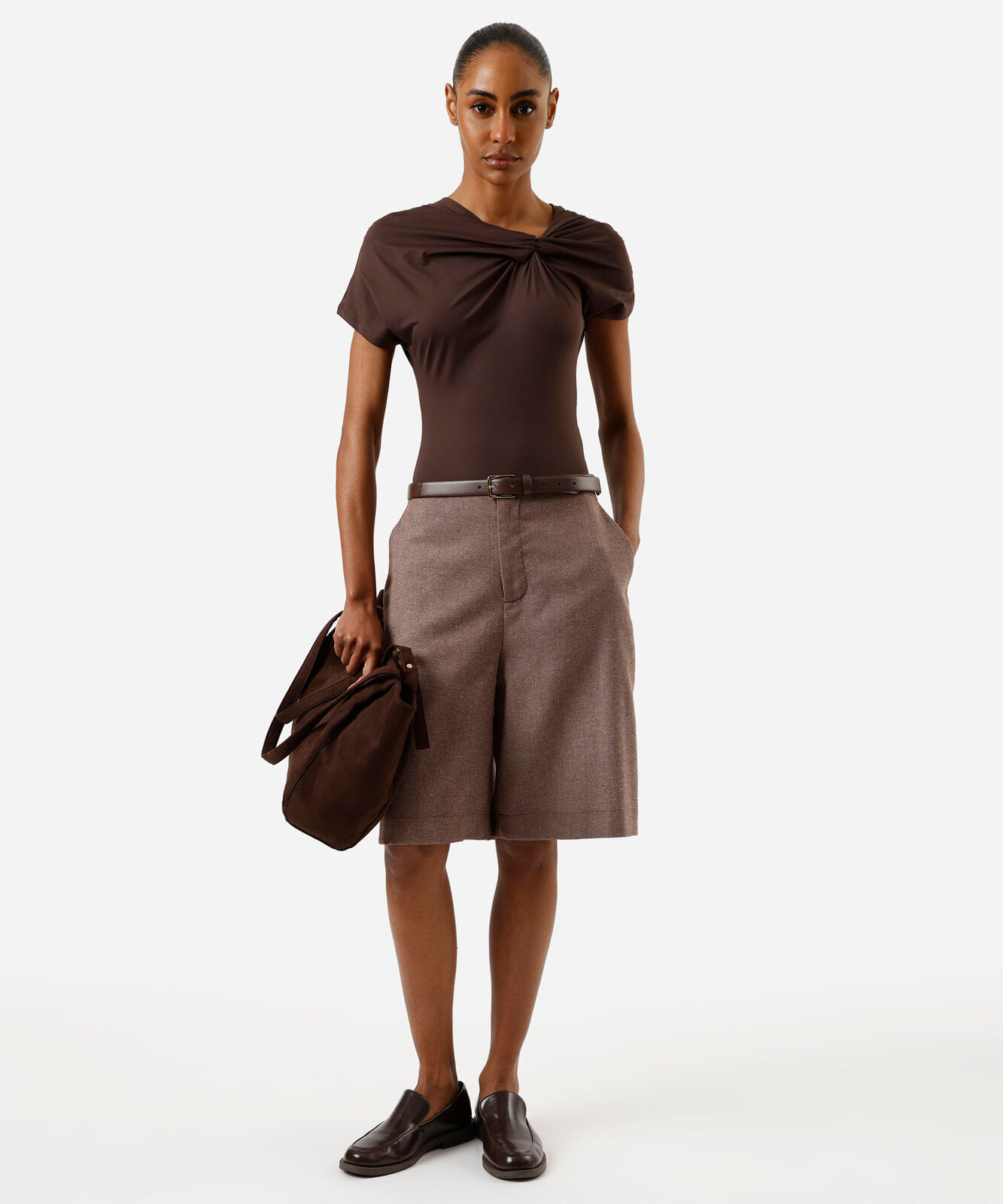 body feminino de poliamida franzido marrom