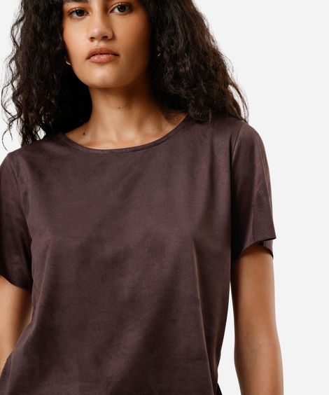 cropped feminino de suede manga curta marrom
