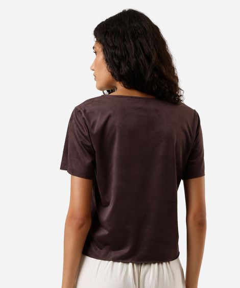 cropped feminino de suede manga curta marrom