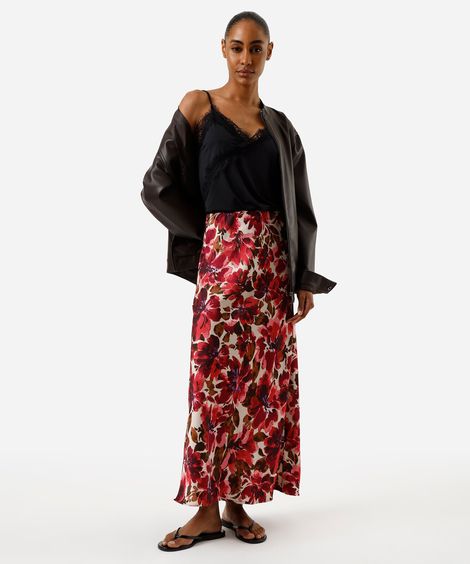 saia midi feminina floral acetinada rosa
