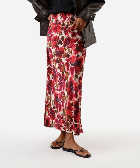 saia midi feminina floral acetinada rosa