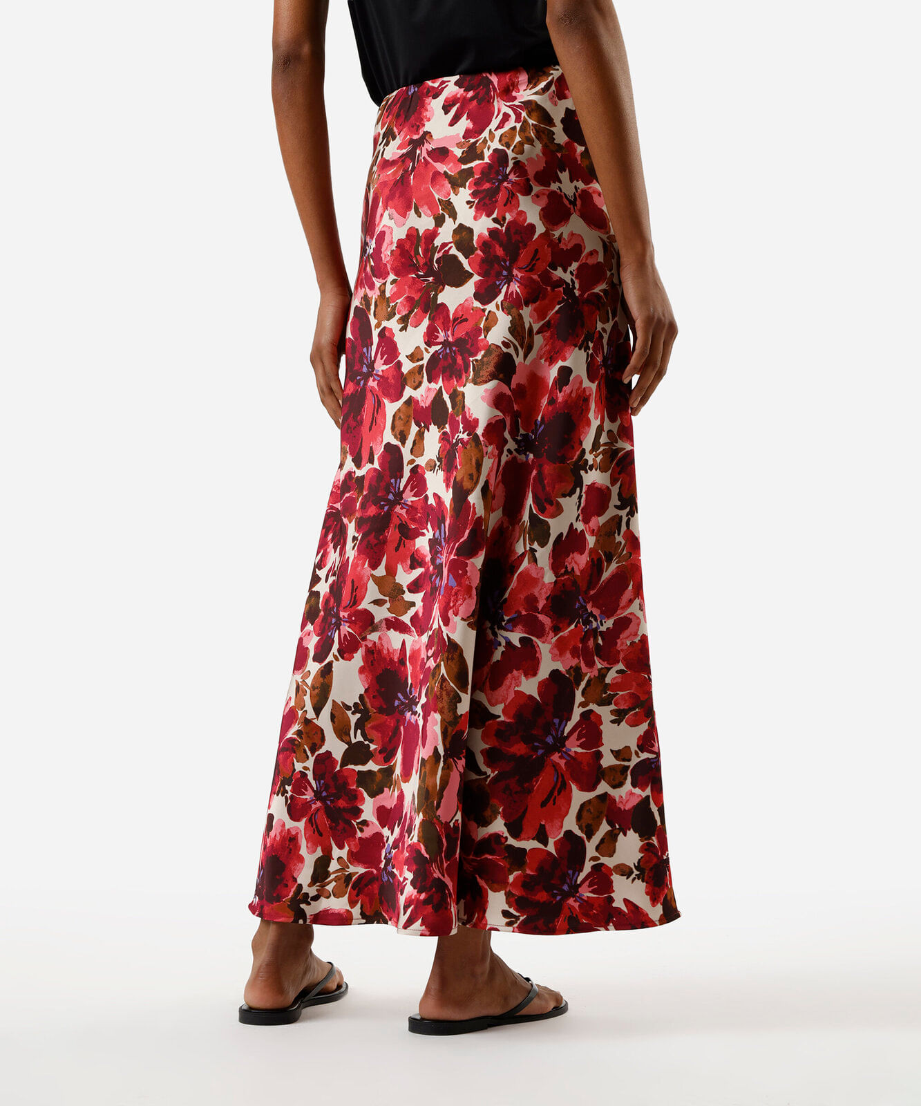 saia midi feminina floral acetinada rosa