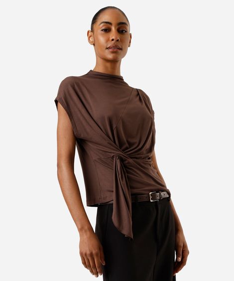blusa feminina de viscose franzida marrom