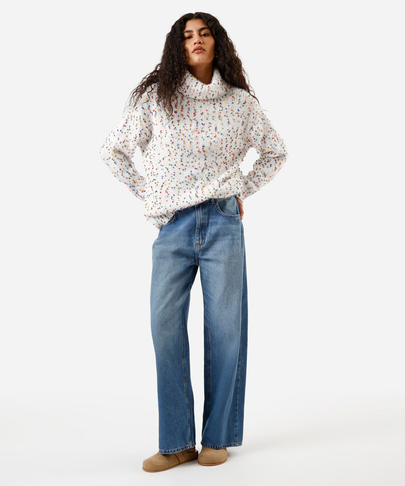 suéter feminino de tricot gola alta texturizado off white