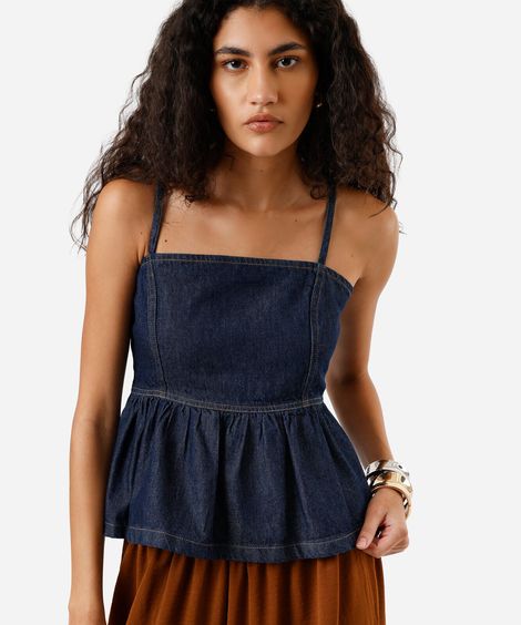 blusa peplum feminina jeans alça fina azul