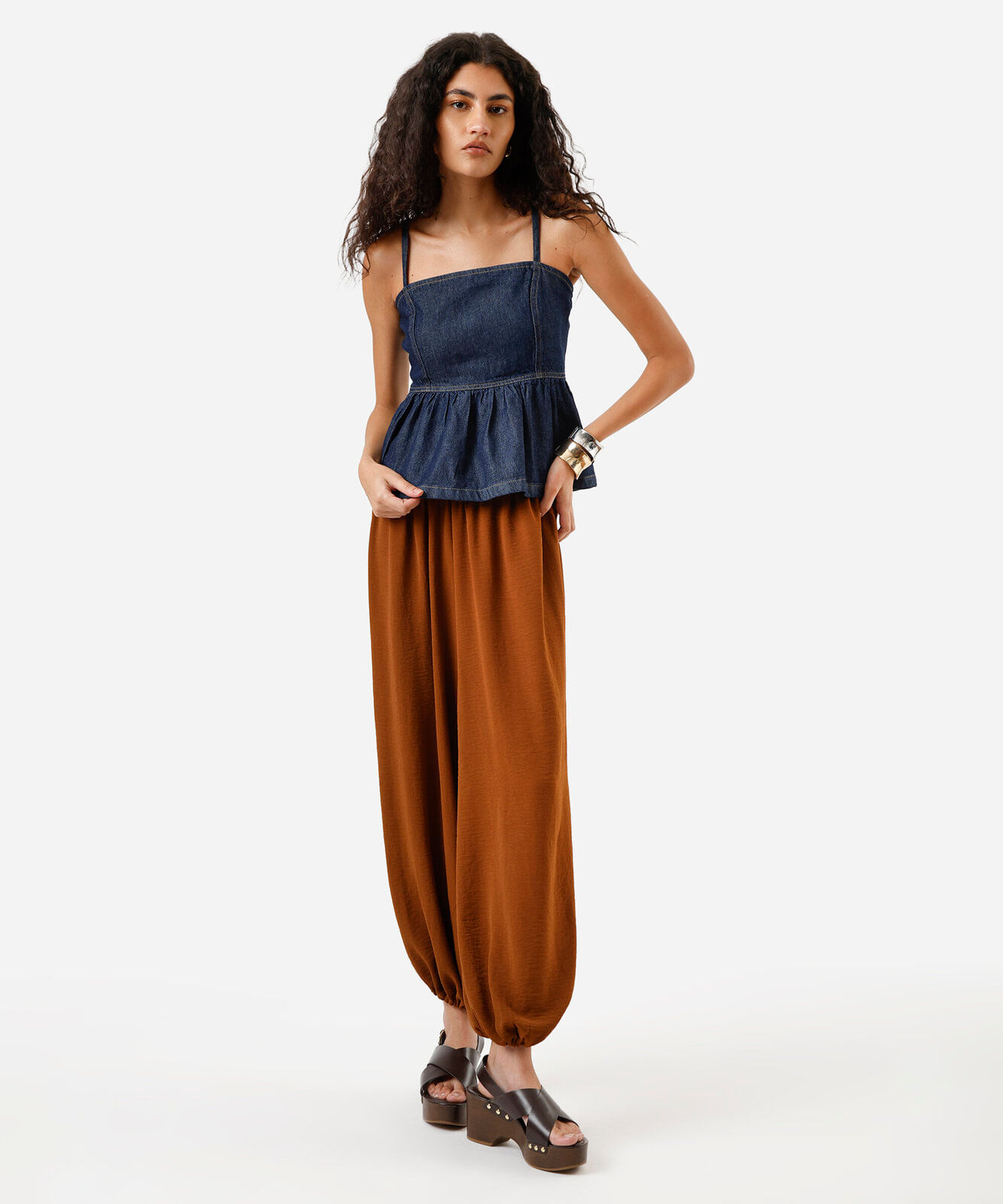 blusa peplum feminina jeans alça fina azul
