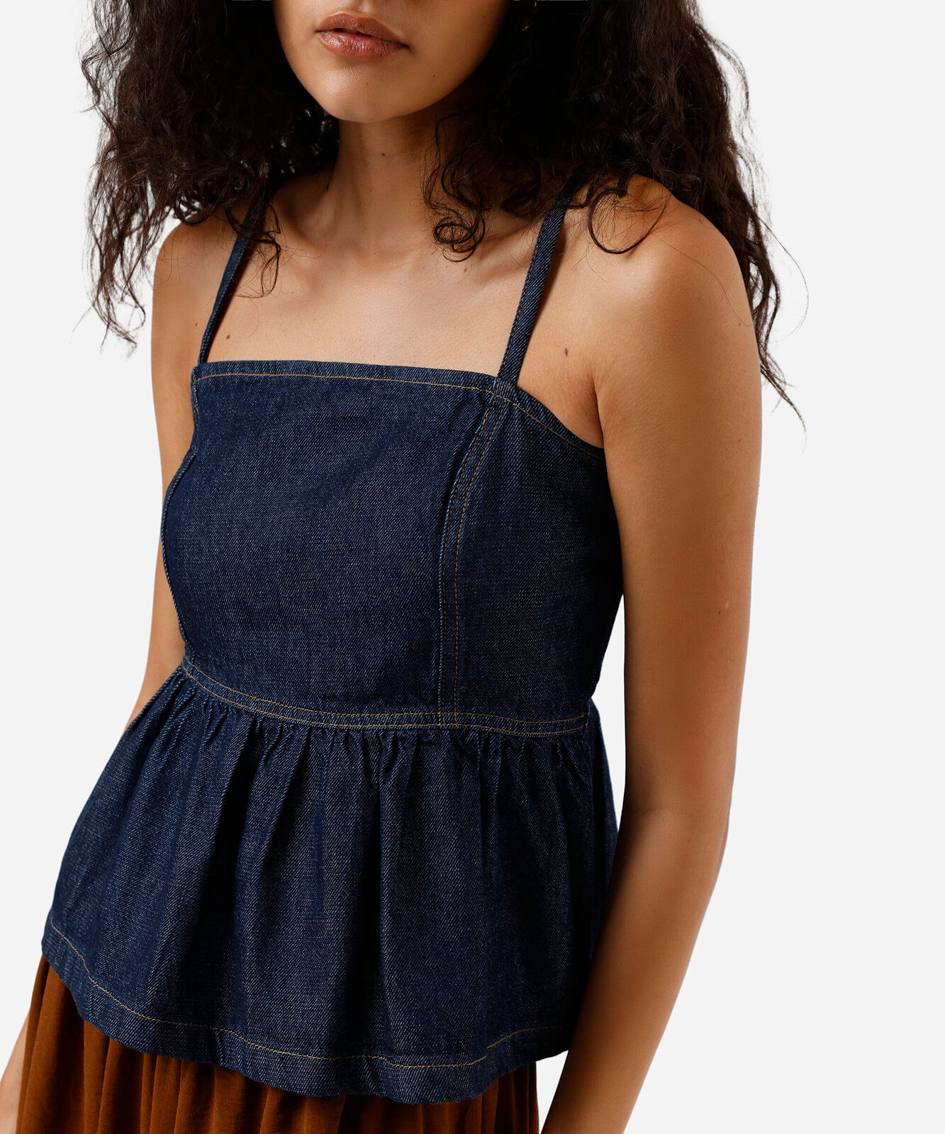 blusa peplum feminina jeans alça fina azul