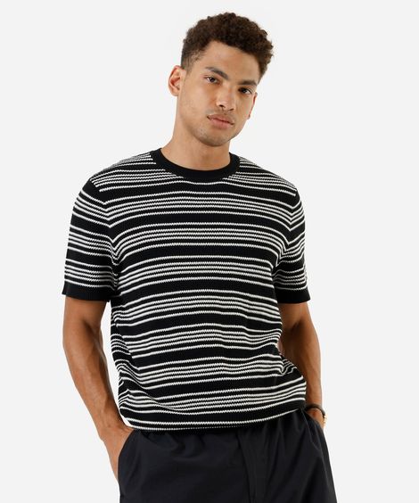camiseta masculina com algodão listrada texturizada preta