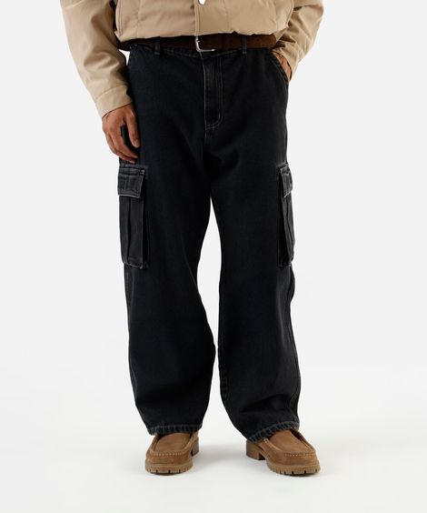 calça jeans wide leg cargo preta
