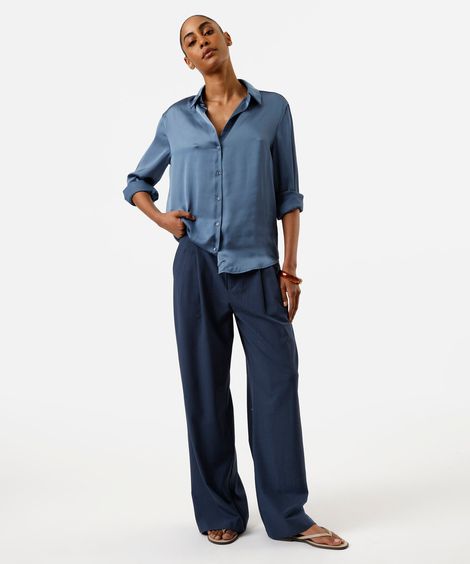 calça de alfaiataria wide leg feminina com pregas azul