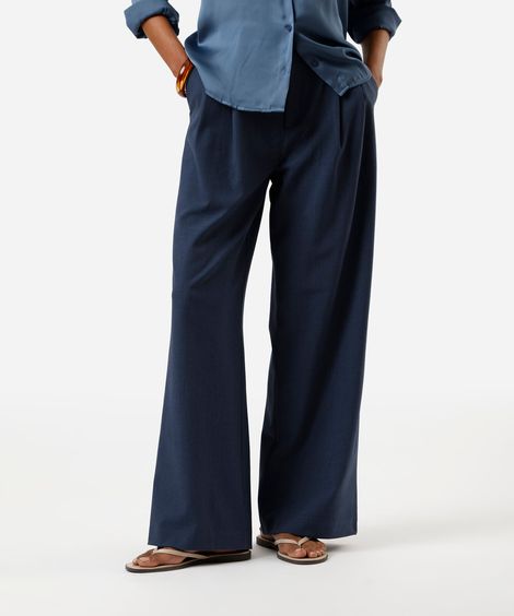 calça de alfaiataria wide leg feminina com pregas azul