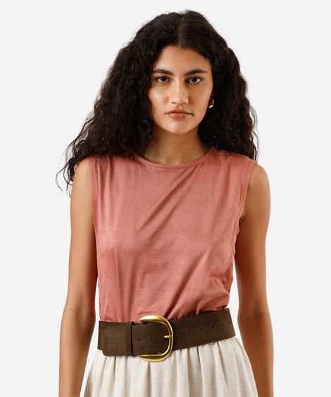 regata feminina de suede decote redondo rosa