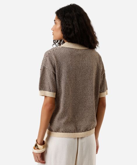 polo feminina de tricot texturizada listrada bege