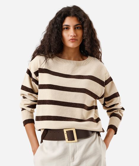 suéter feminino listrado gola redonda bege