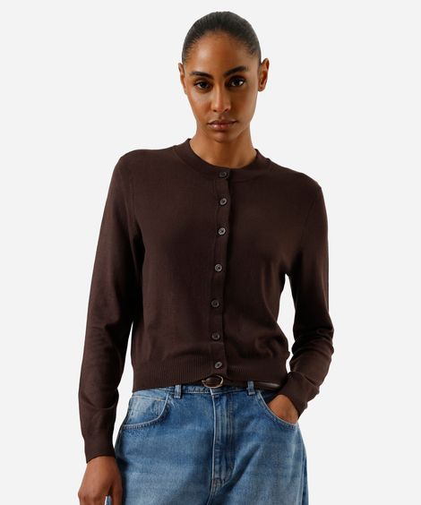 cardigan cropped feminino de tricot marrom