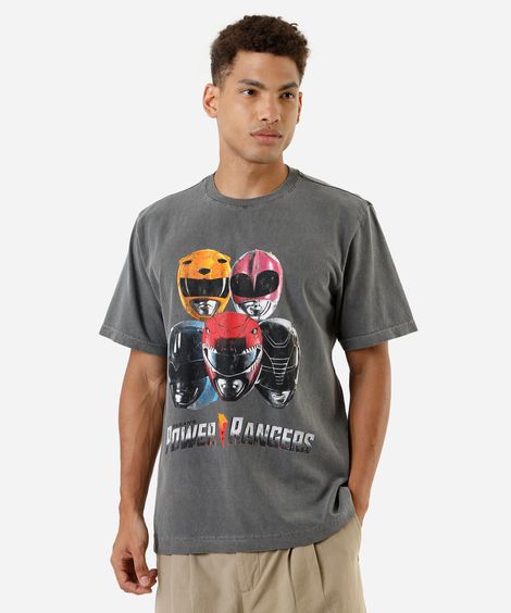 camiseta masculina de algodão power rangers estonada cinza