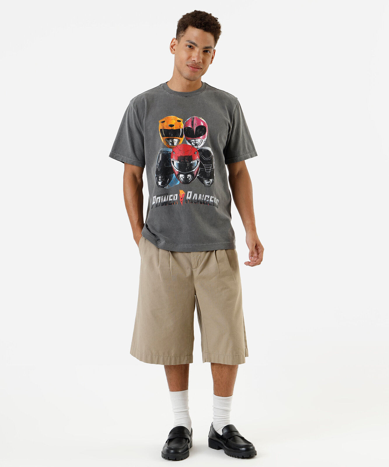 camiseta masculina de algodão power rangers estonada cinza