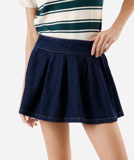 minissaia feminina jeans com pregas cintura baixa azul