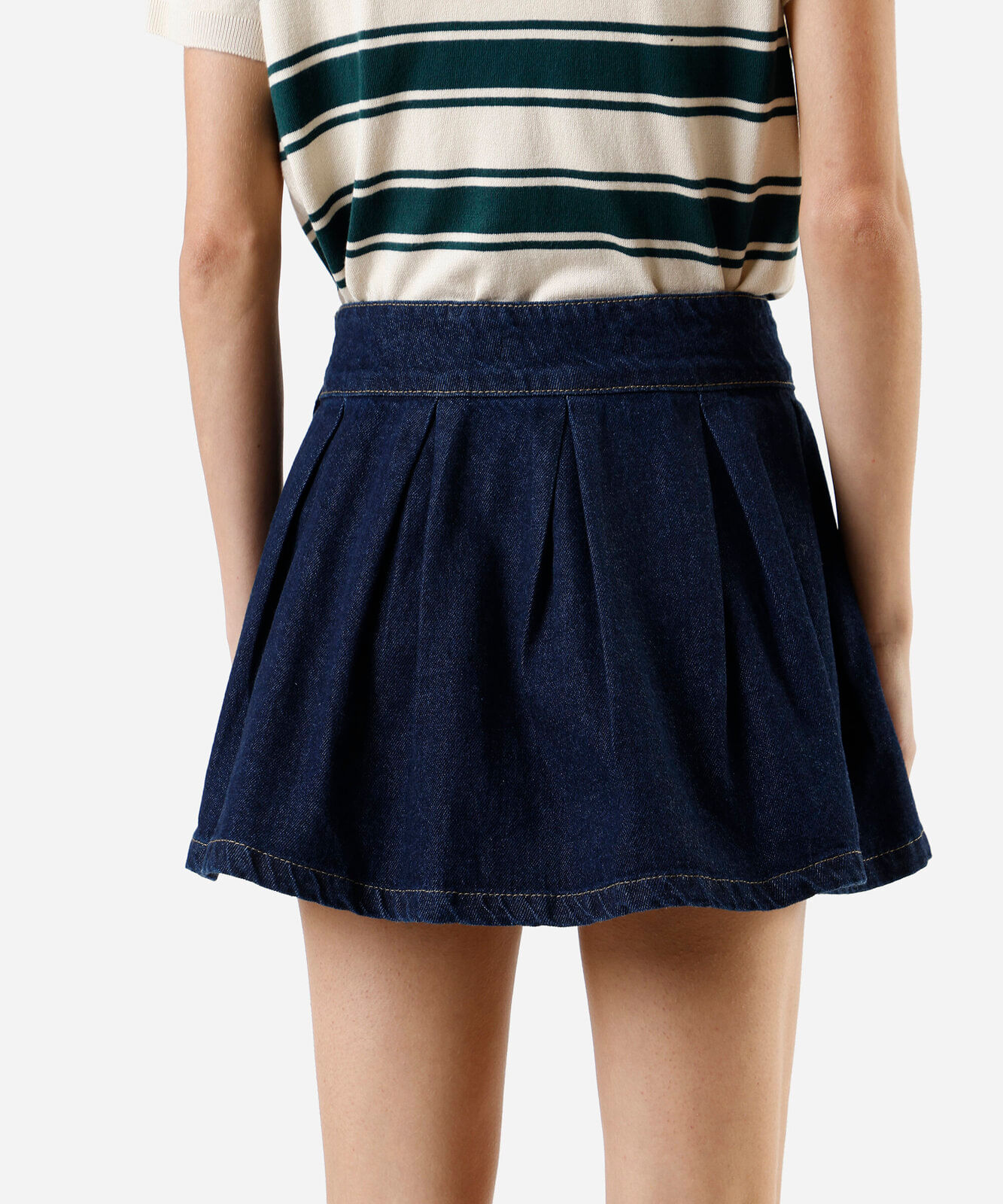 minissaia feminina jeans com pregas cintura baixa azul